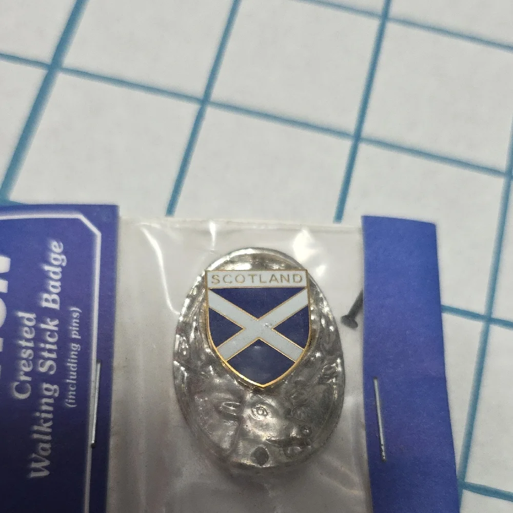 Tradition Silver and Blue Scotland Crested Walking Stick Badge NIP w/pinsVintage